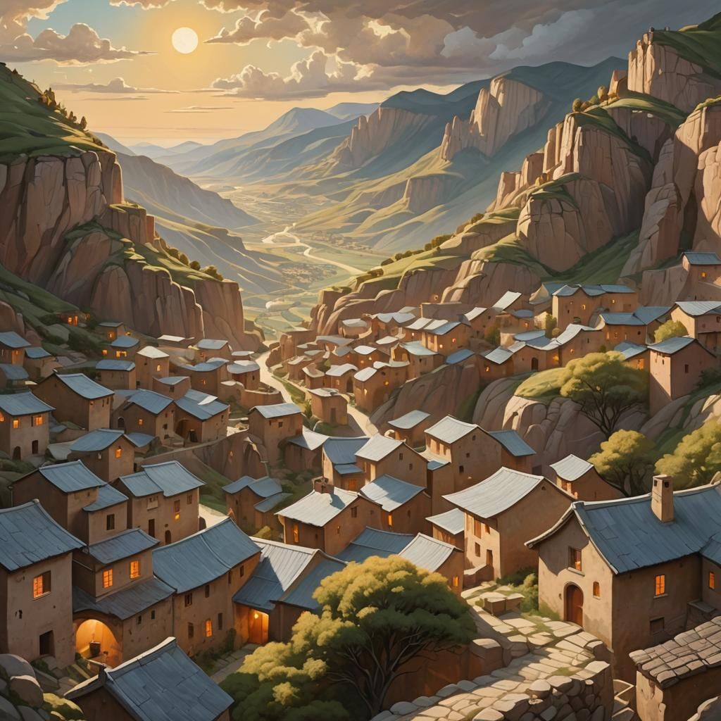 Serene Village in Valley: Hyper-Realistic Fantasy Art