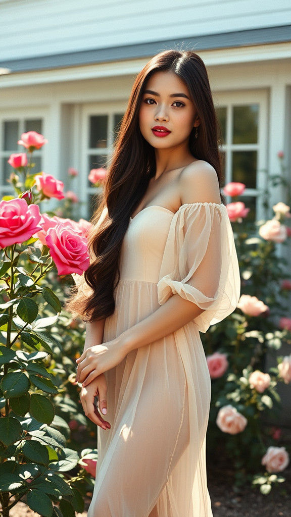 Thai Woman in Rose Garden with Film Grain