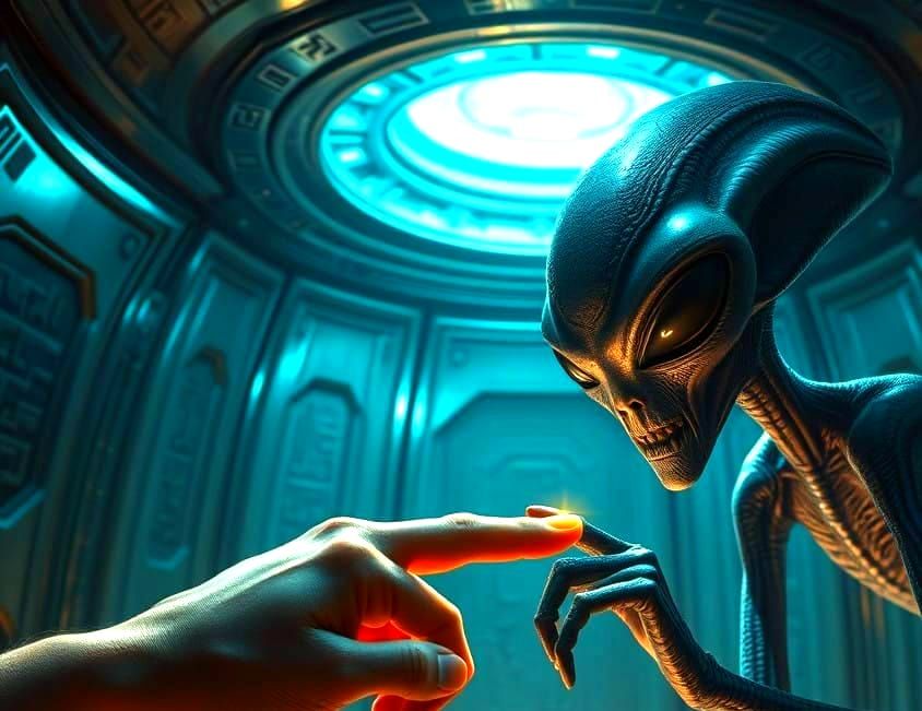 Human and Alien Make Contact in a Futuristic UFO