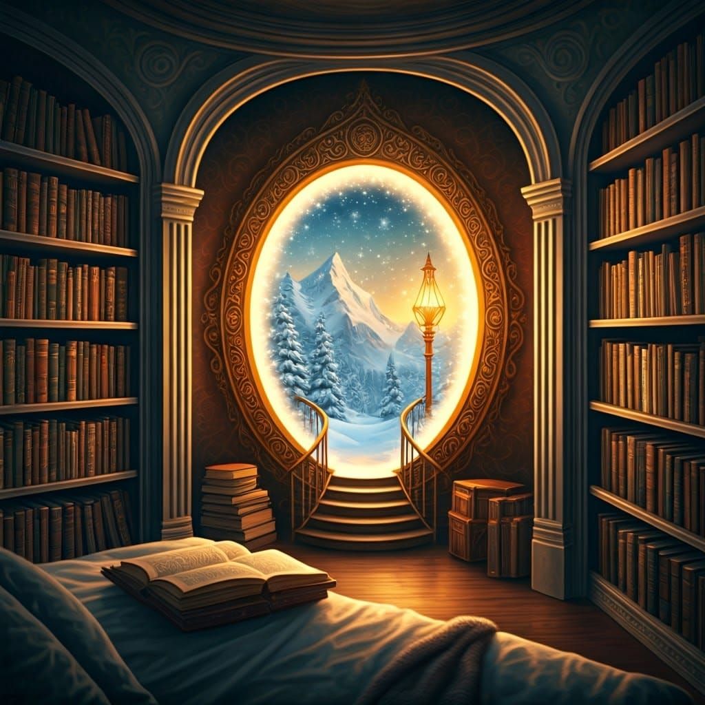 Golden Portal to Enchanted Realm Amongst Bookshelves