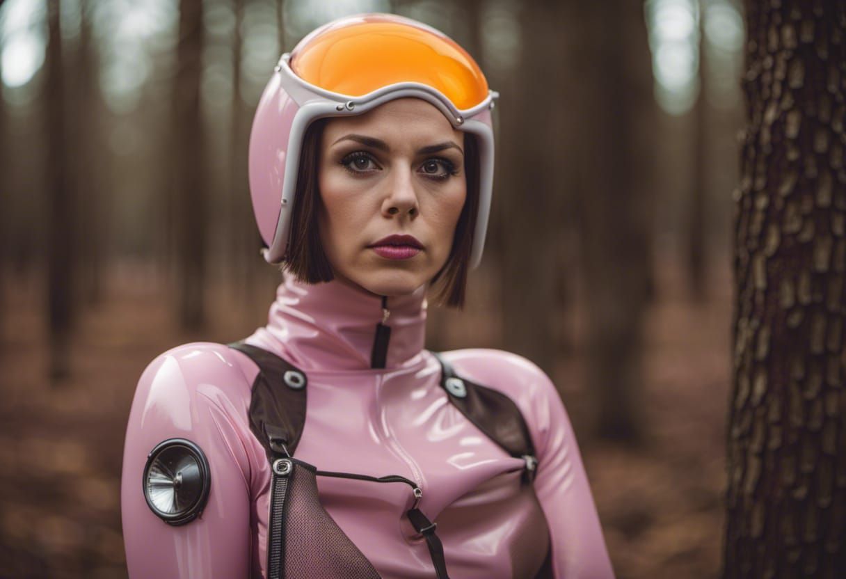 Woman in Pink Latex in Forest Portrait