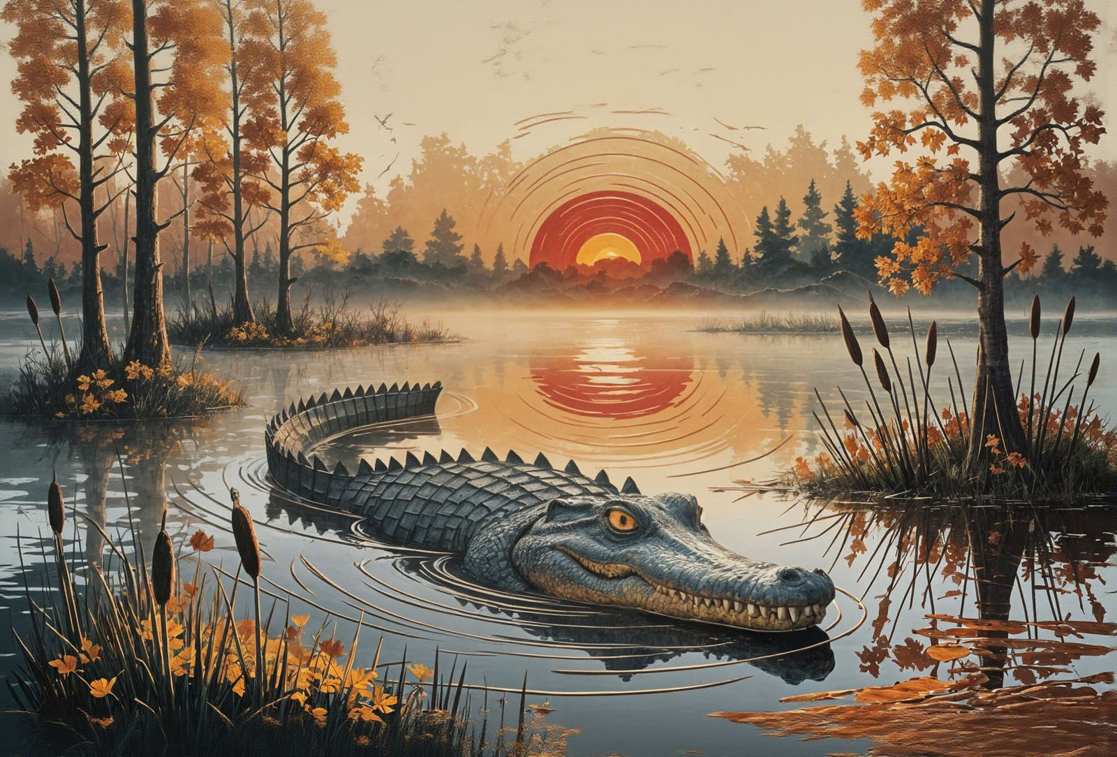 Embossed Crocodile Head Emerging From Misty Swamp Sunrise
