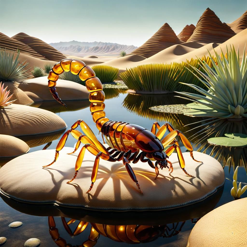 Amber Glass Scorpion on Desert Pond