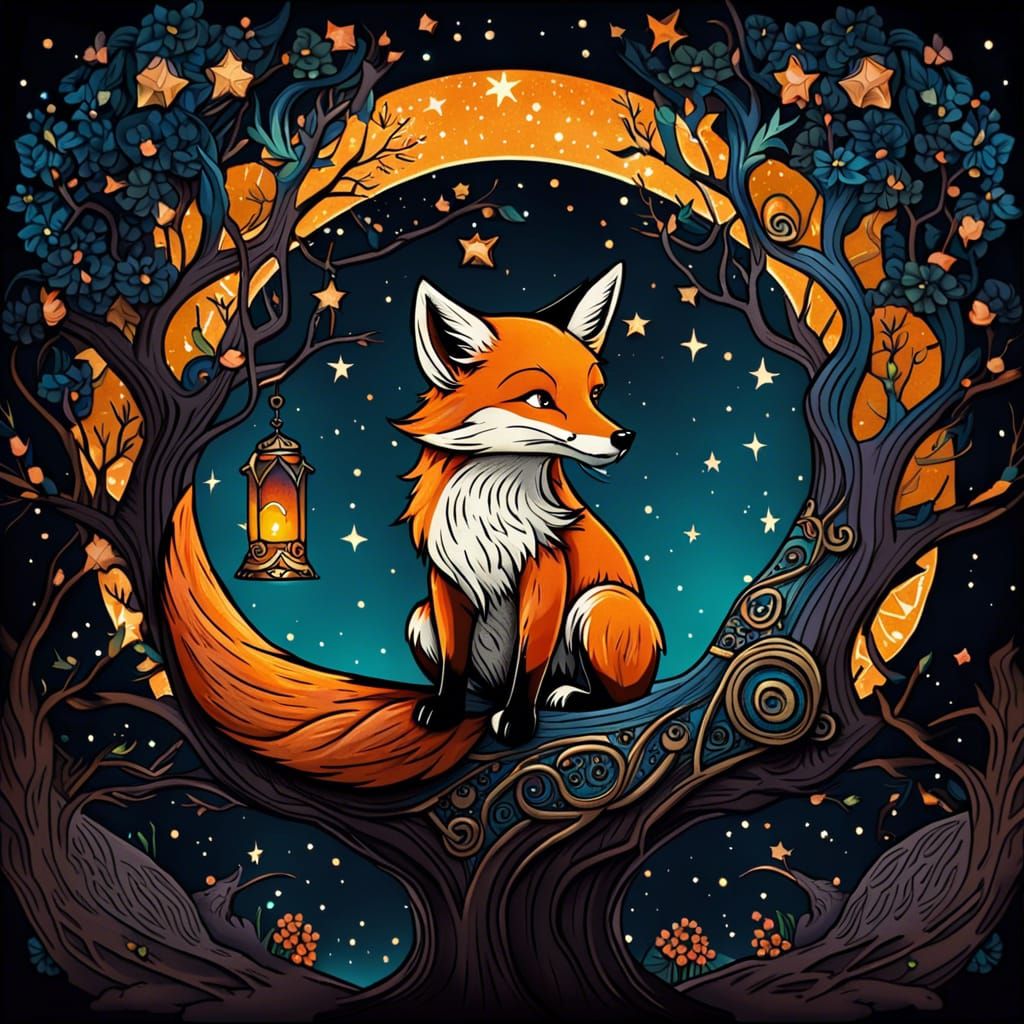 Fox in Starry Tree: Circular Vector Art