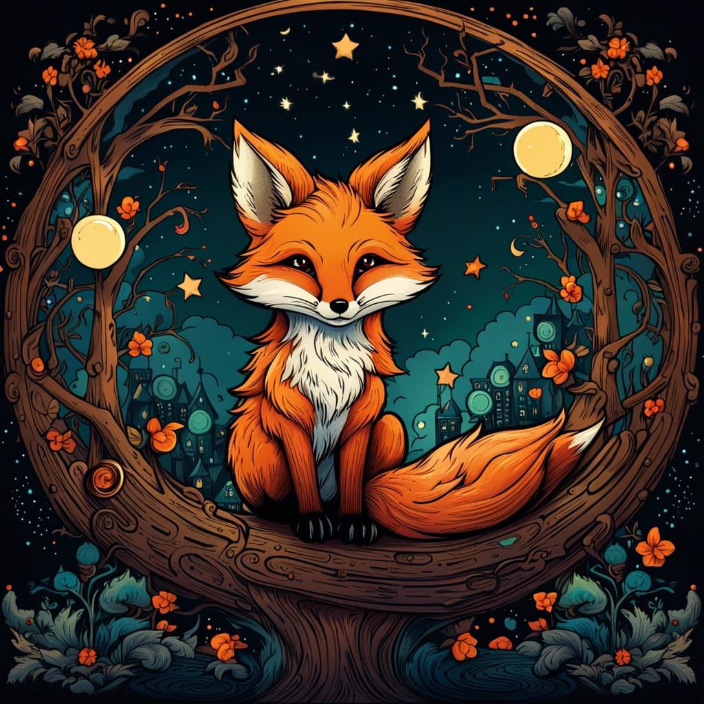 Fox in Starry Tree, Circular Vector Art