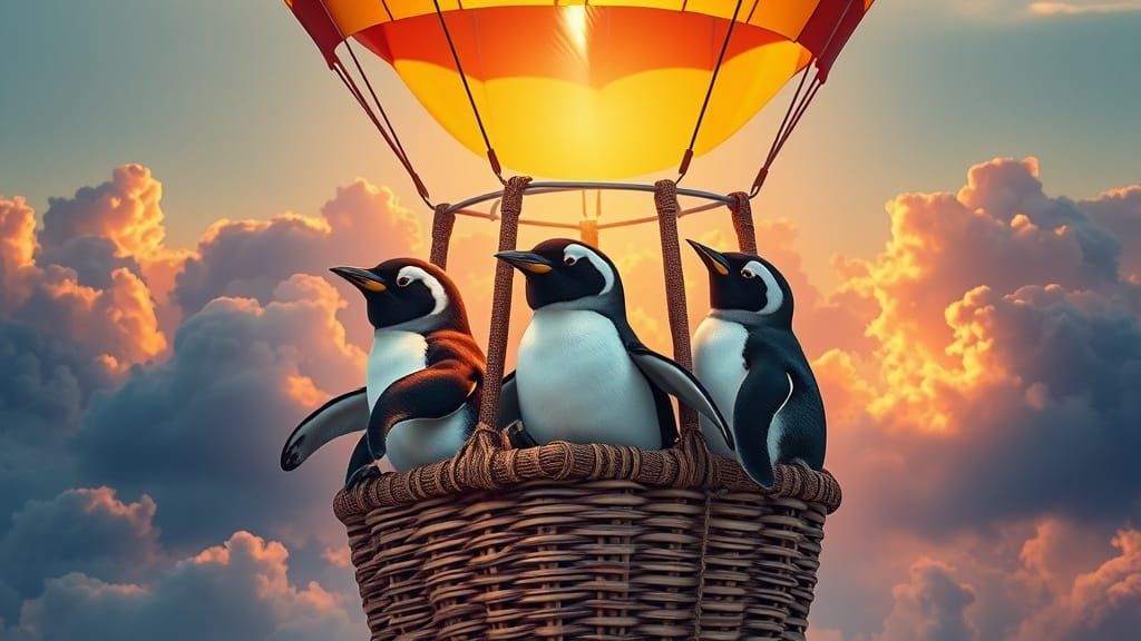 Penguins' Hot Air Balloon Ride: Oil Painting