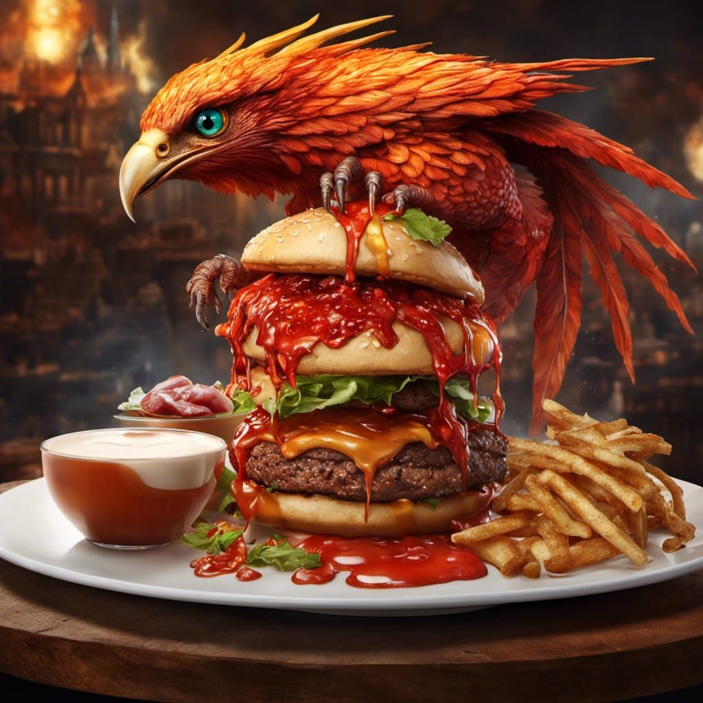 Fiery Phoenix Lands on Delicious Hamburger