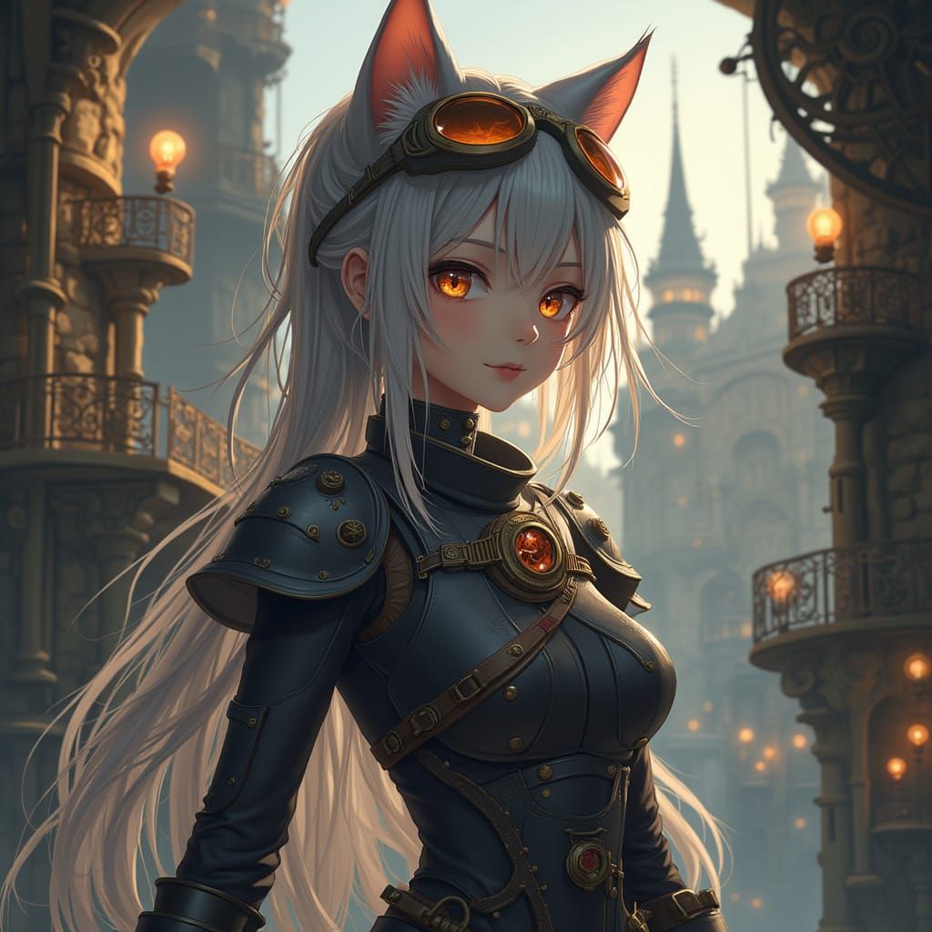 Steampunk Anime Catgirl in Clockwork Castle