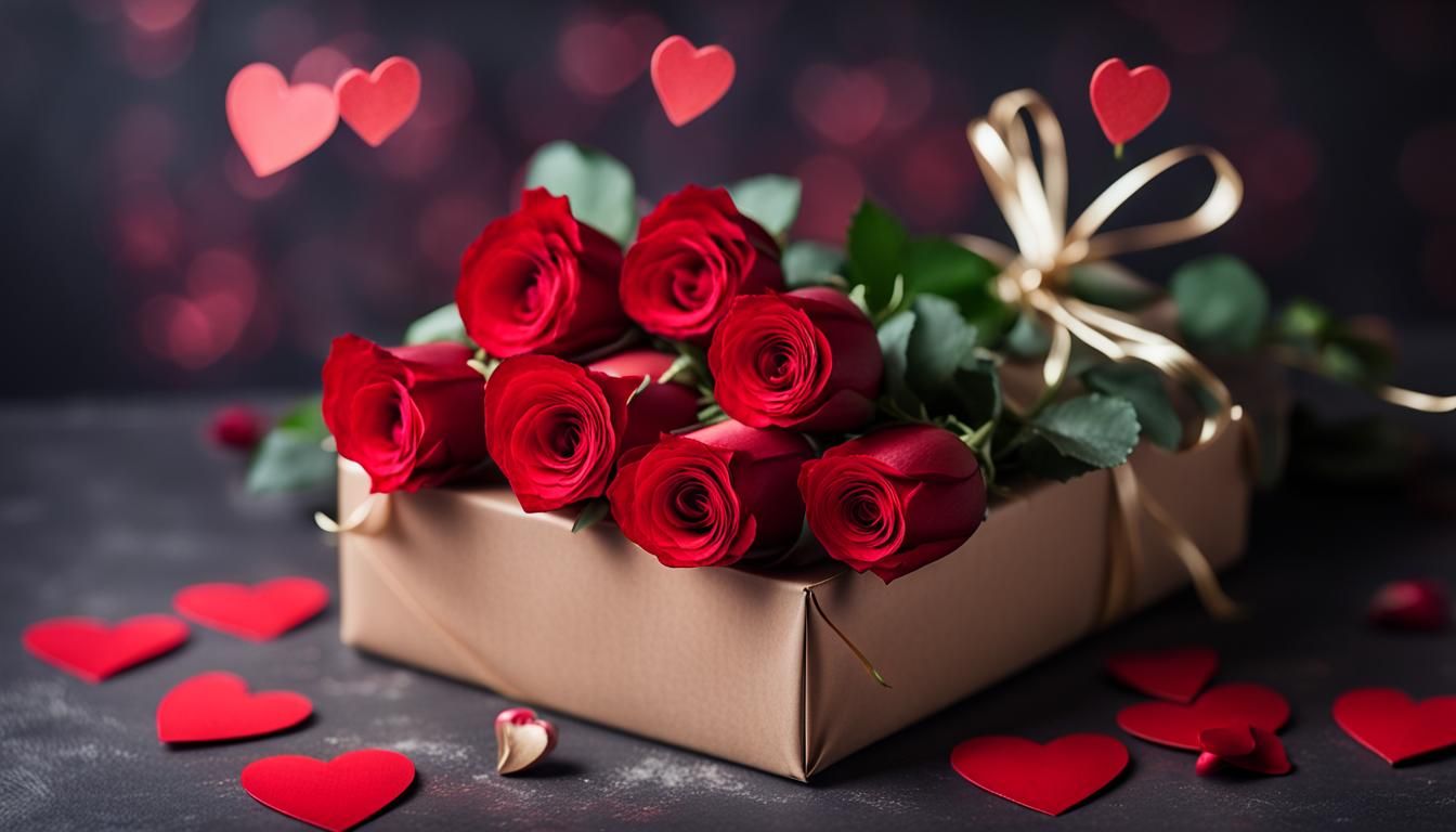 Gift Box and Roses with Festive Red Hearts