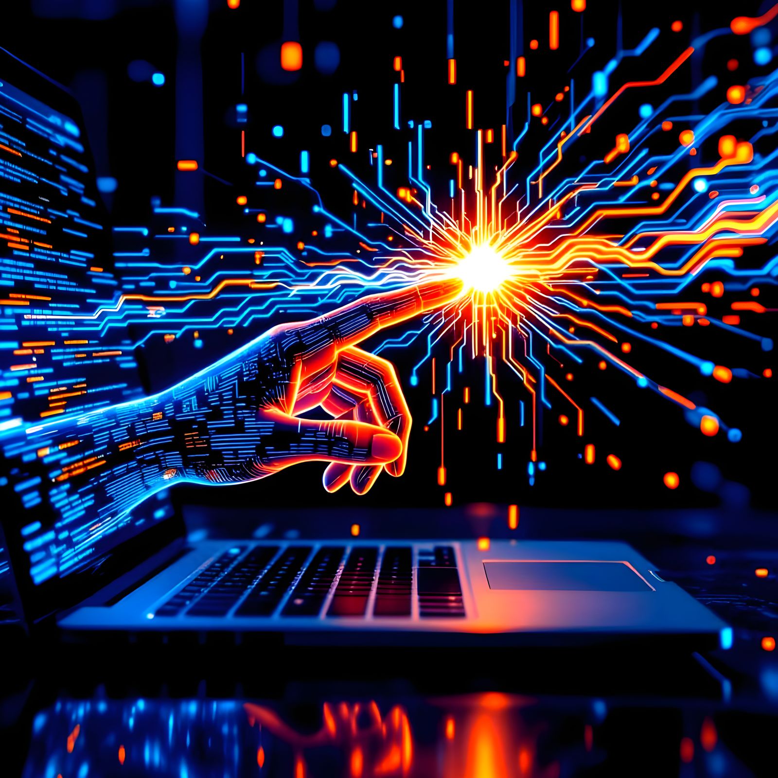 Digital Hand Reaches for Glowing Laptop Screen