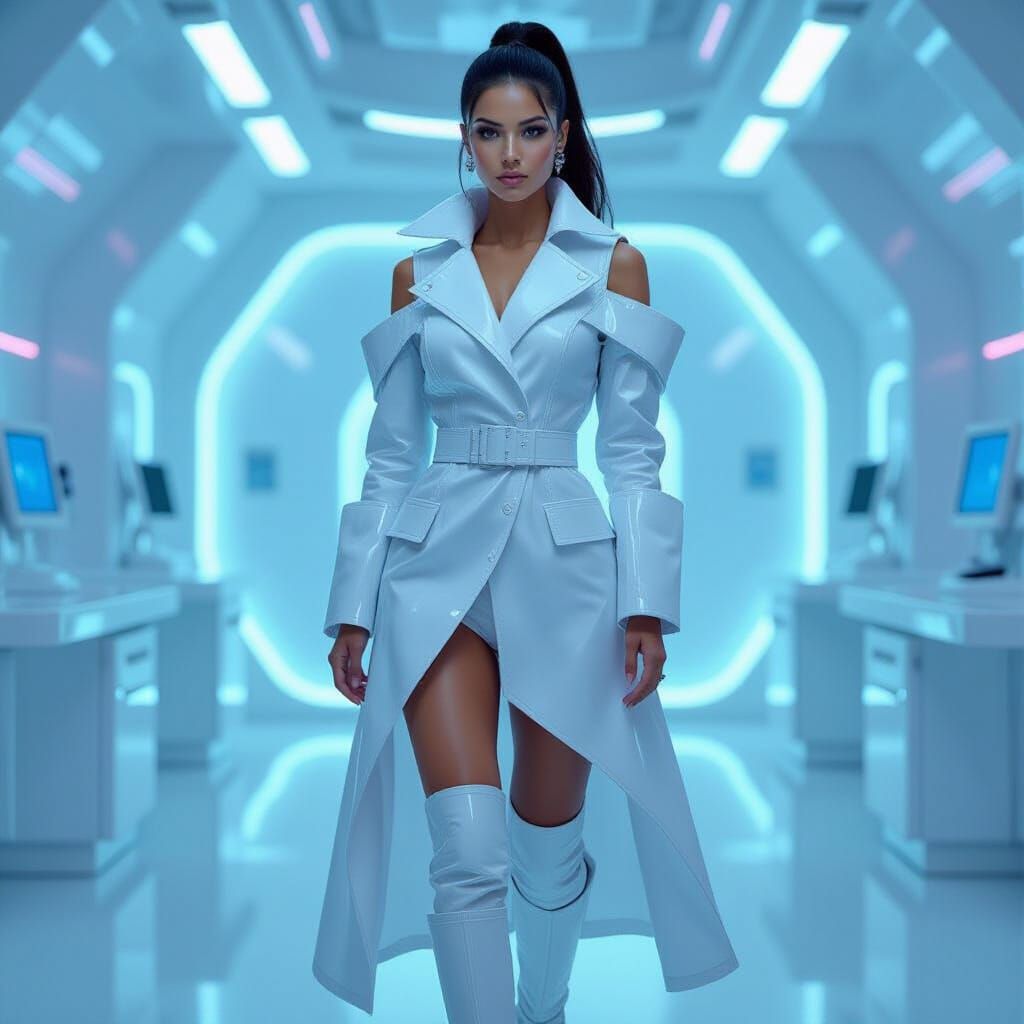 Woman in Glowing Trench Coat in Futuristic Lab