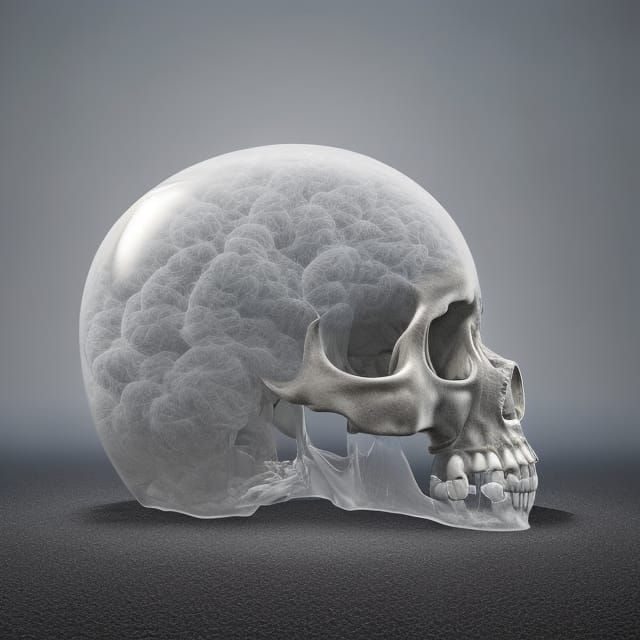 A transparent skull with a cotton wool brain