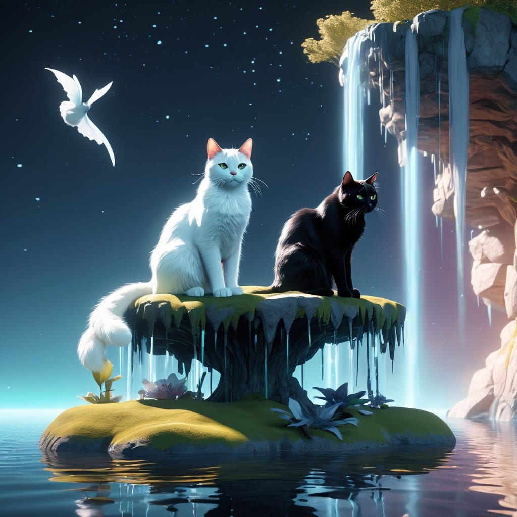 Surreal Cats on Floating Island with Flying Clocks