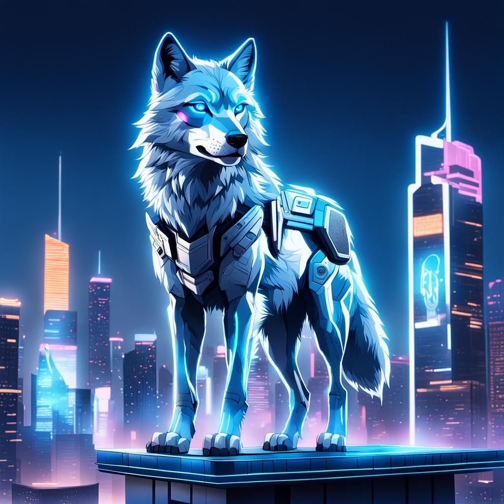 Futuristic Cyber Wolf Surveys Neon Cityscape