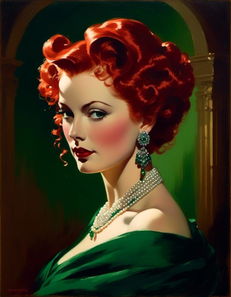 1940s Noir Femme Fatale Portrait with Red Hair