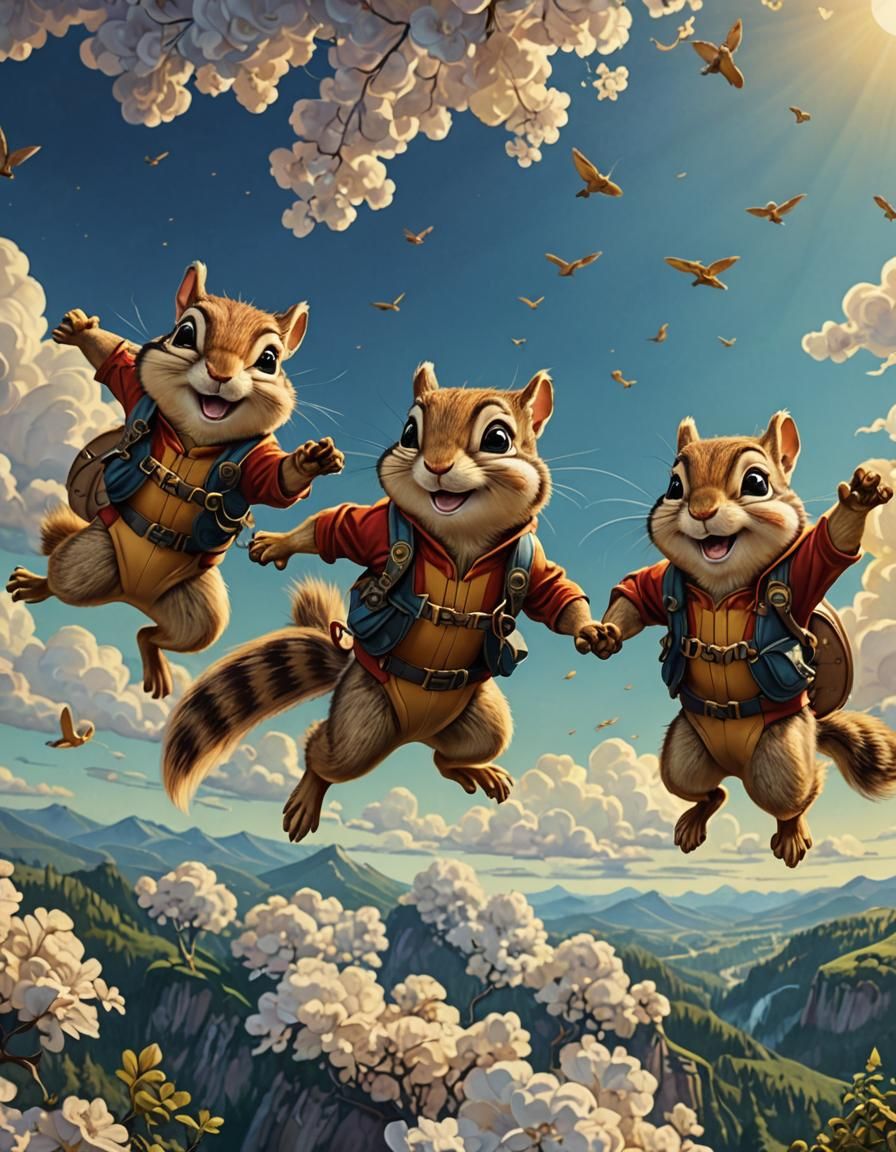 Chipmunks Skydiving: Whimsical Art Nouveau Fantasy