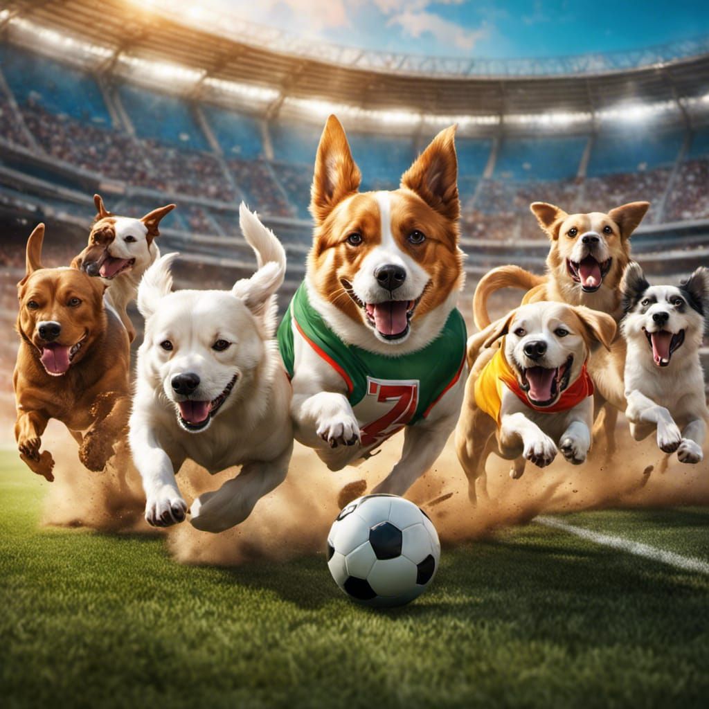 Dogs chasing soccer ball.