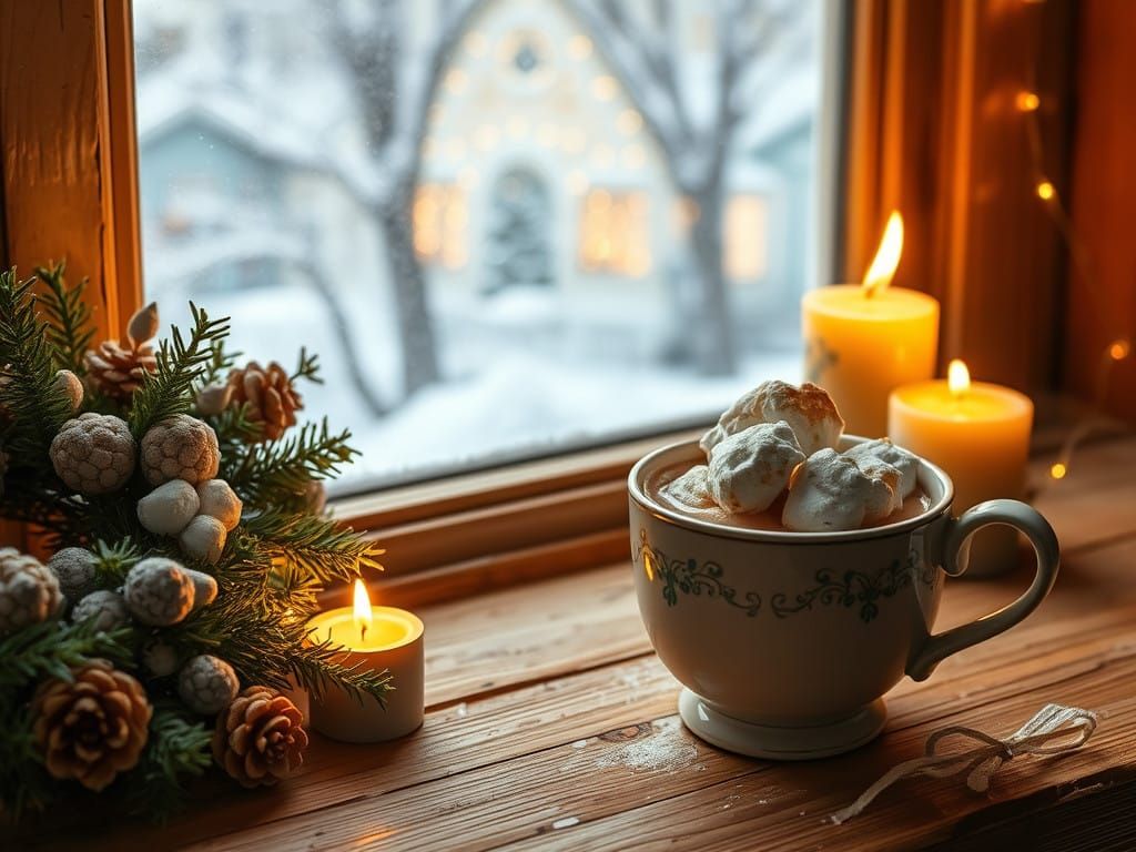 Winter Wonderland with Golden Candlelight and Cozy Textures
