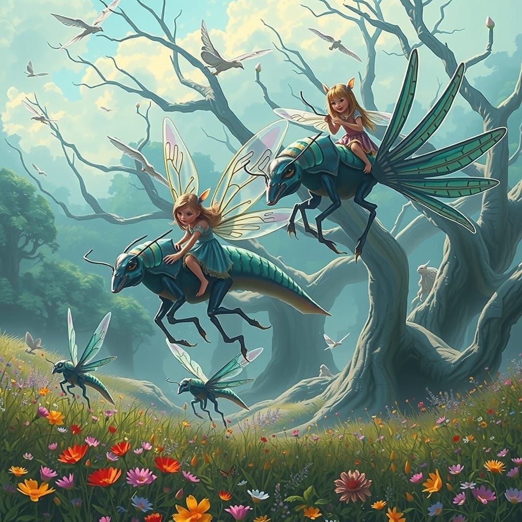 Goblins and Fairies Soar on Glowing Alien Bugs in Whimsical...