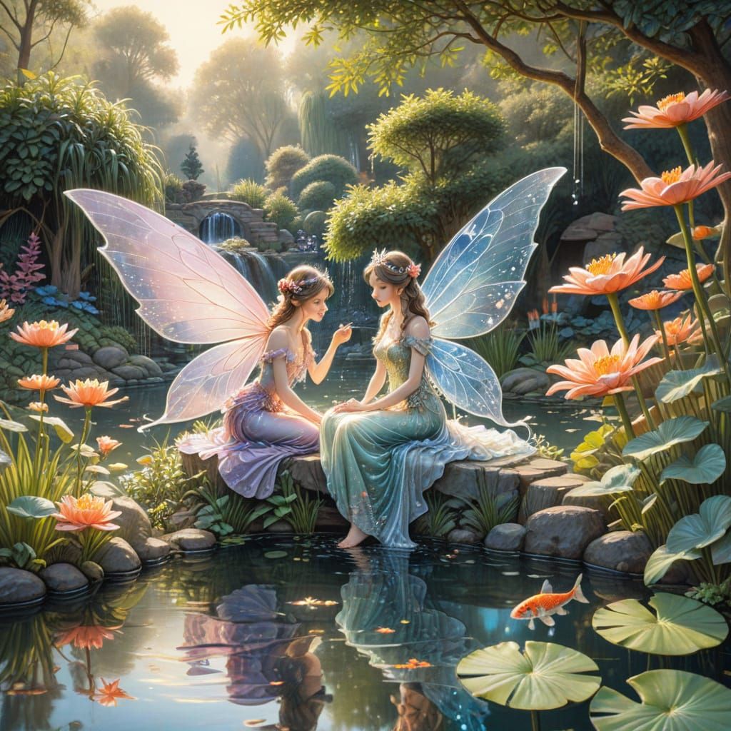 Fairy Princess and Prince in Garden, Color Pencil Sketch