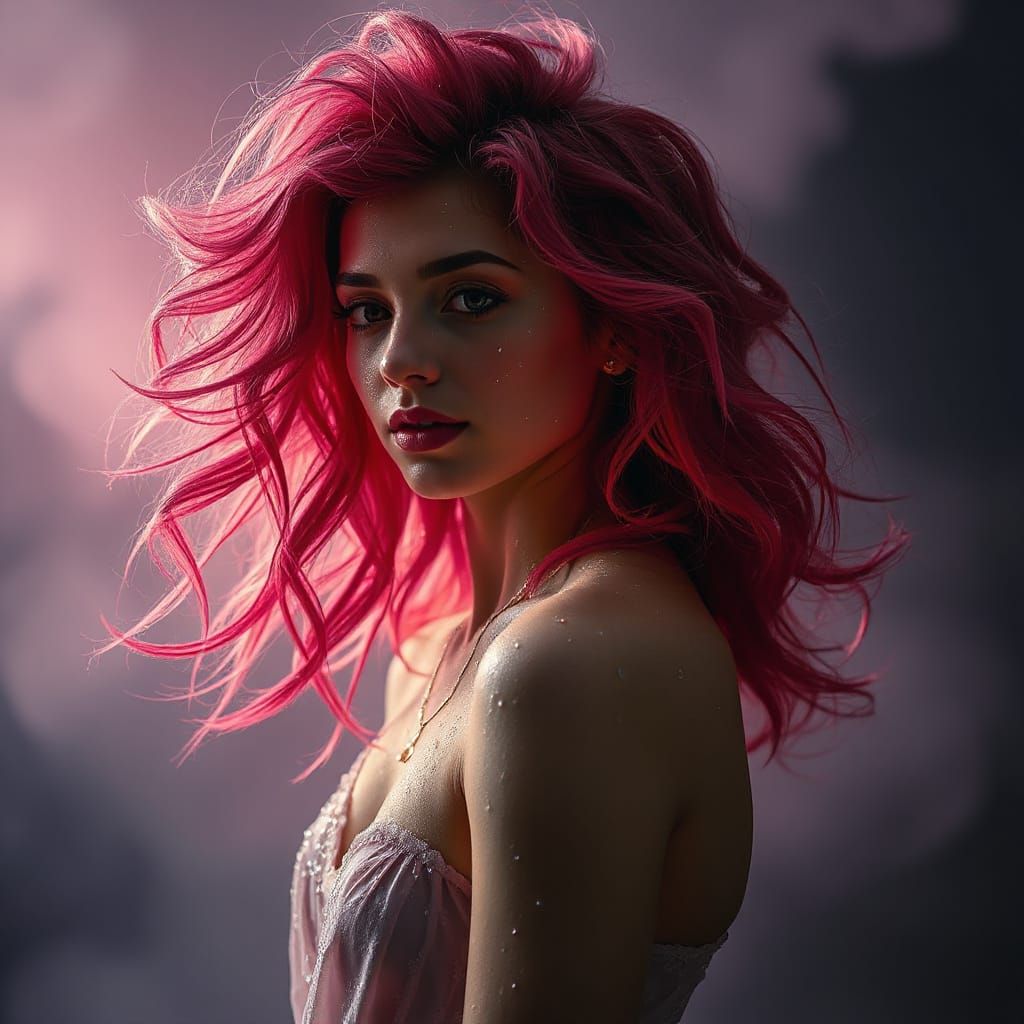 Luminous Rose-Haired Woman in Dreamy Landscape