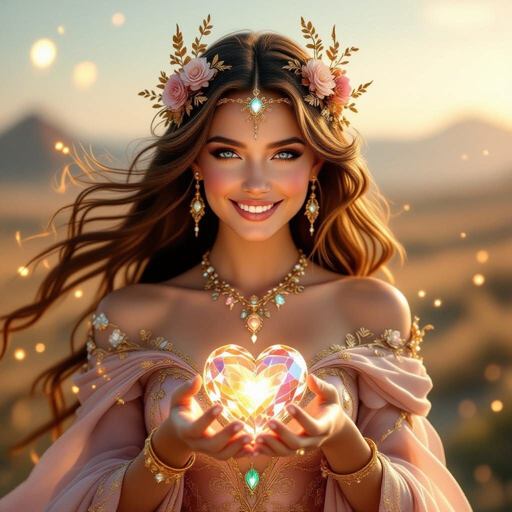 Fantasy Goddess with Golden Hair and Rose-Gold Gown