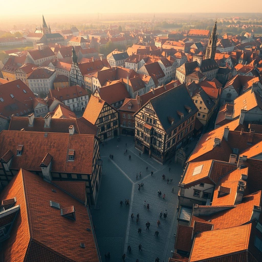 Medieval Cityscape in Warm Golden Light, Inspired by 19th Ce...