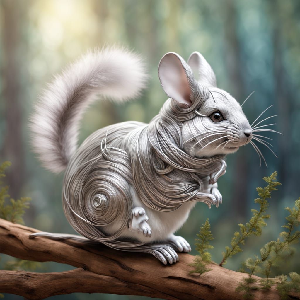 An impressionist-style wire sculpture of a chinchilla
