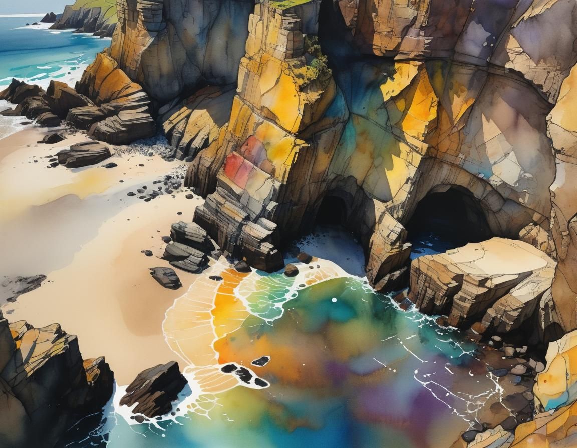 Cornwall Cliffs: Chiaroscuro Watercolor with Steampunk Eleme...