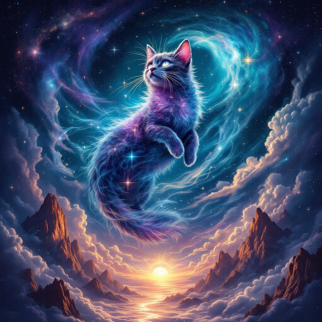 Celestial Cat in Cosmic Dreamscape