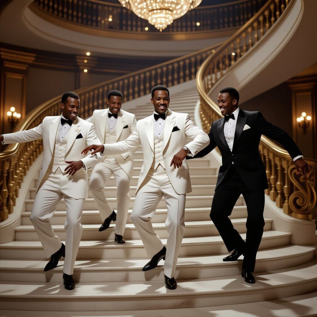 Stylish Men Dancing in White Suits on Grand Staircase