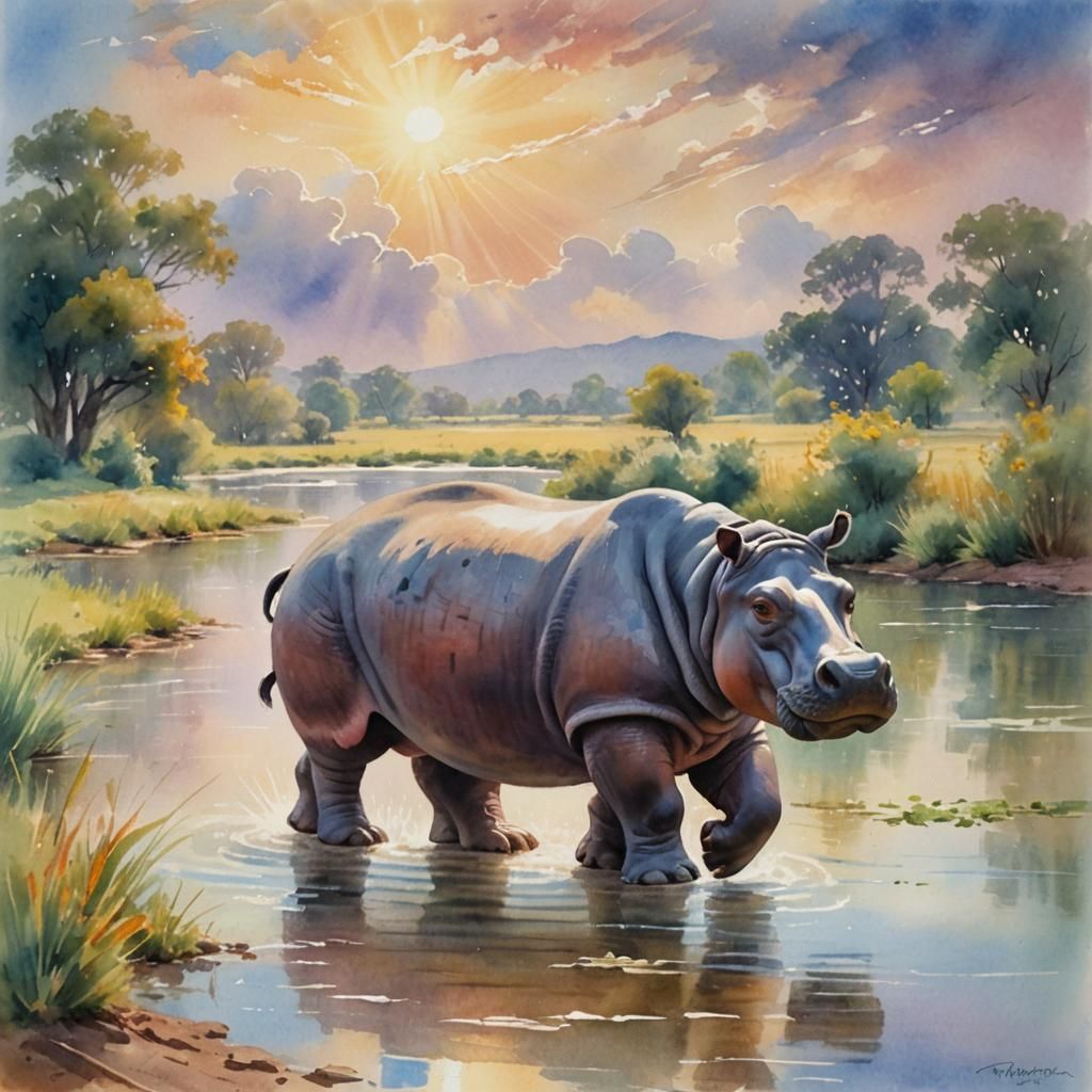 Impressionist Hippo Returns from School in Watercolor