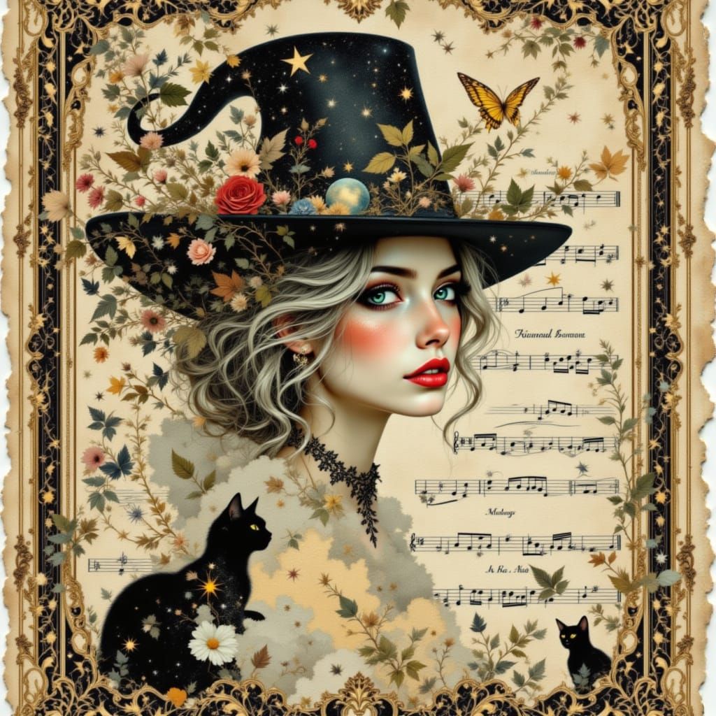 Lady with Magical Hat in Watercolor Vintage Collage