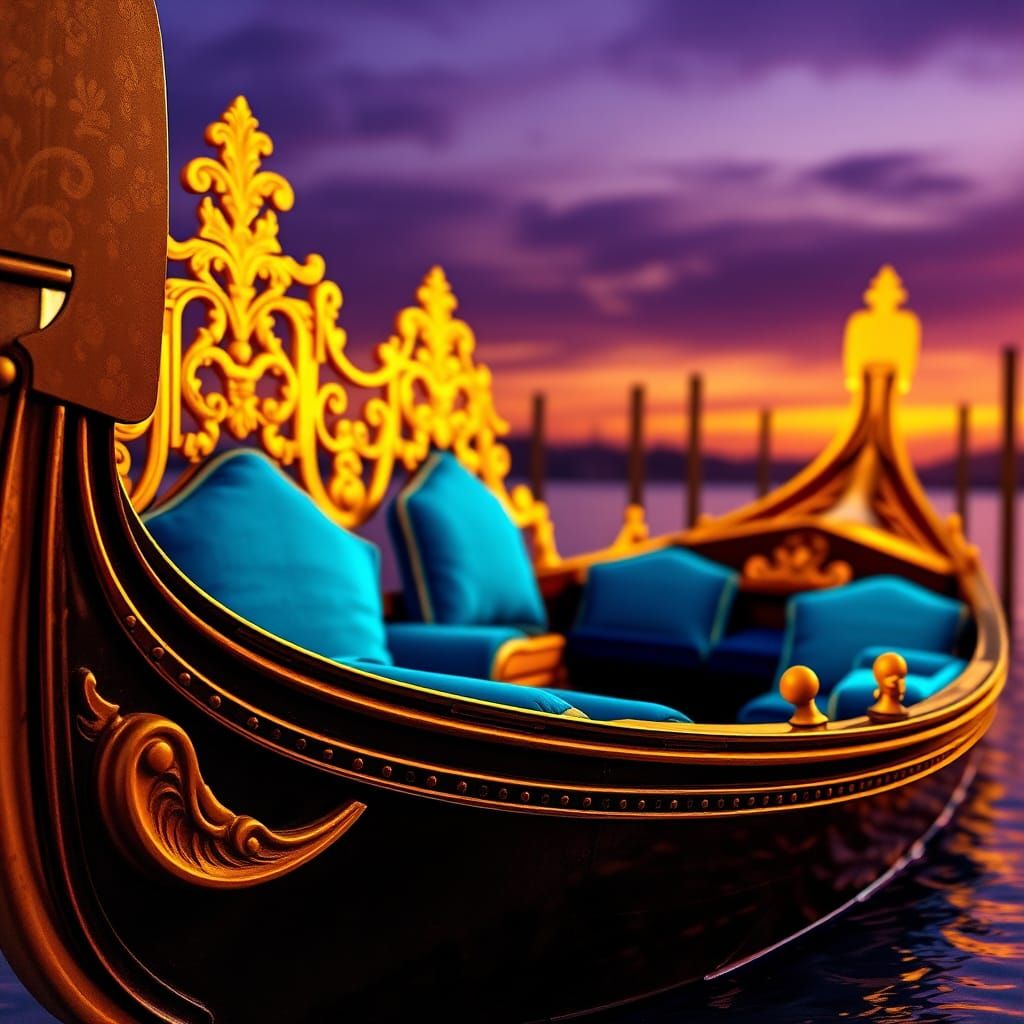 Vibrant Gondola in Venetian Twilight, Woodcut Print