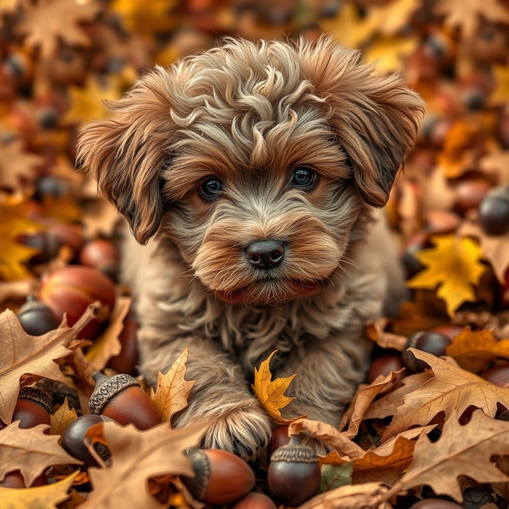 Cute Puppy Portrait Playing in Autumn Leaves