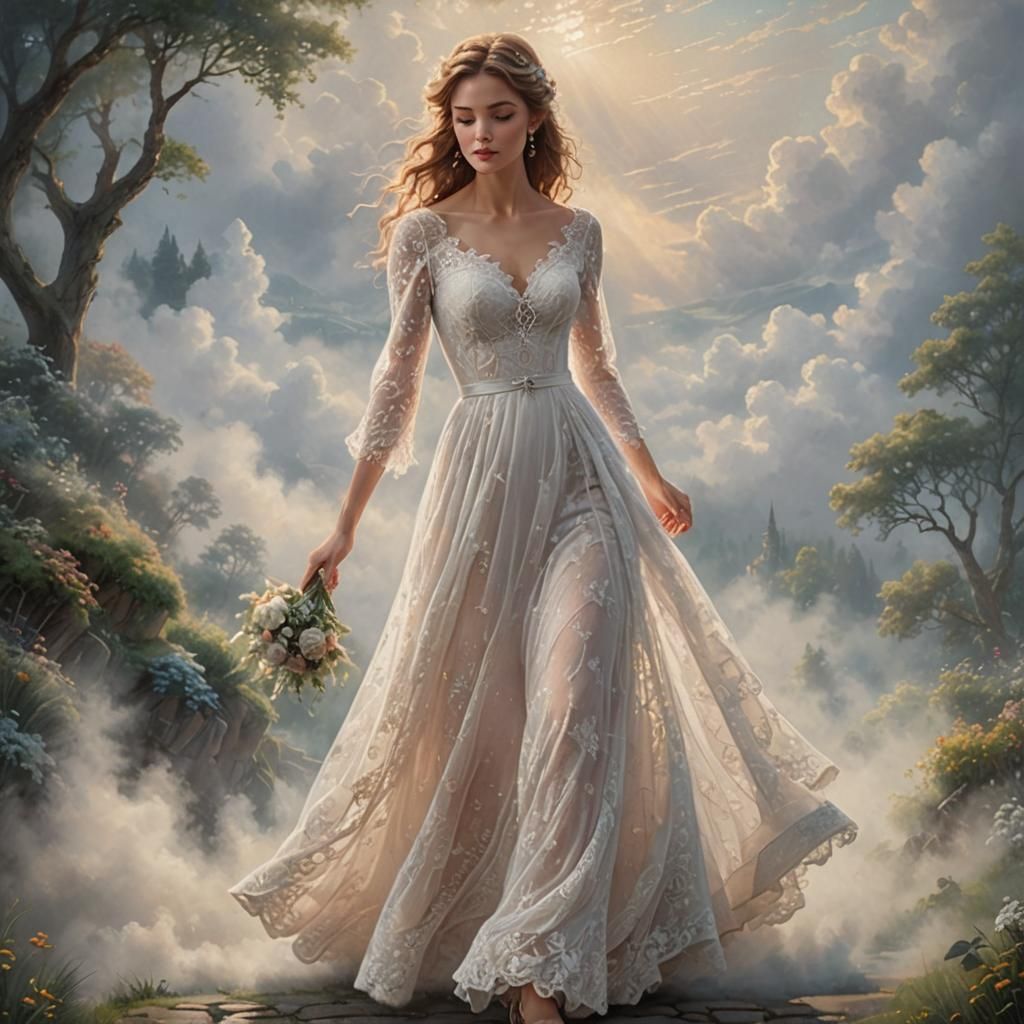 Ethereal Bride in Lace Dress Walking on Clouds
