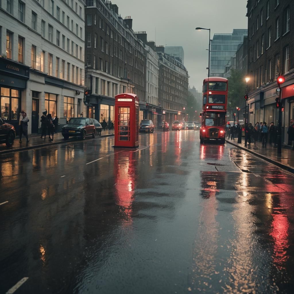 Car Drives on Rainy London Street in Cinematic Style