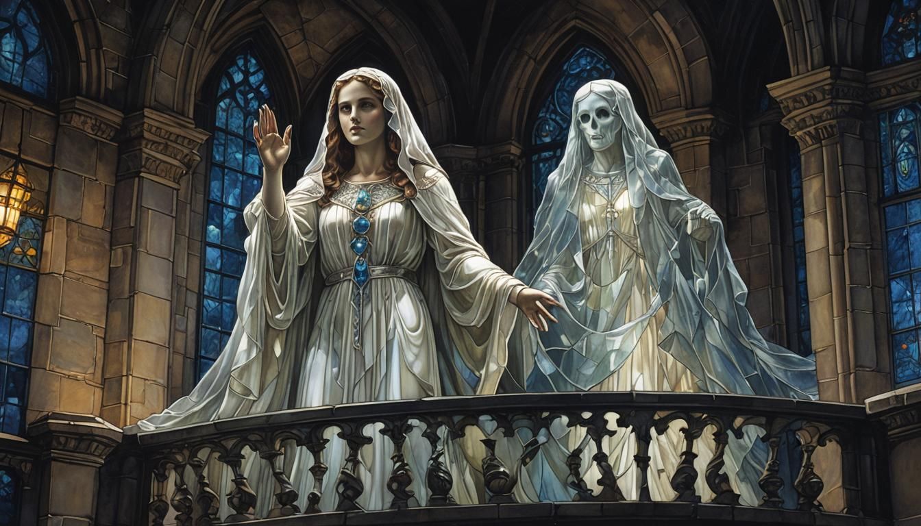 Translucent Ghost on Castle Balcony in Stained Glass Style