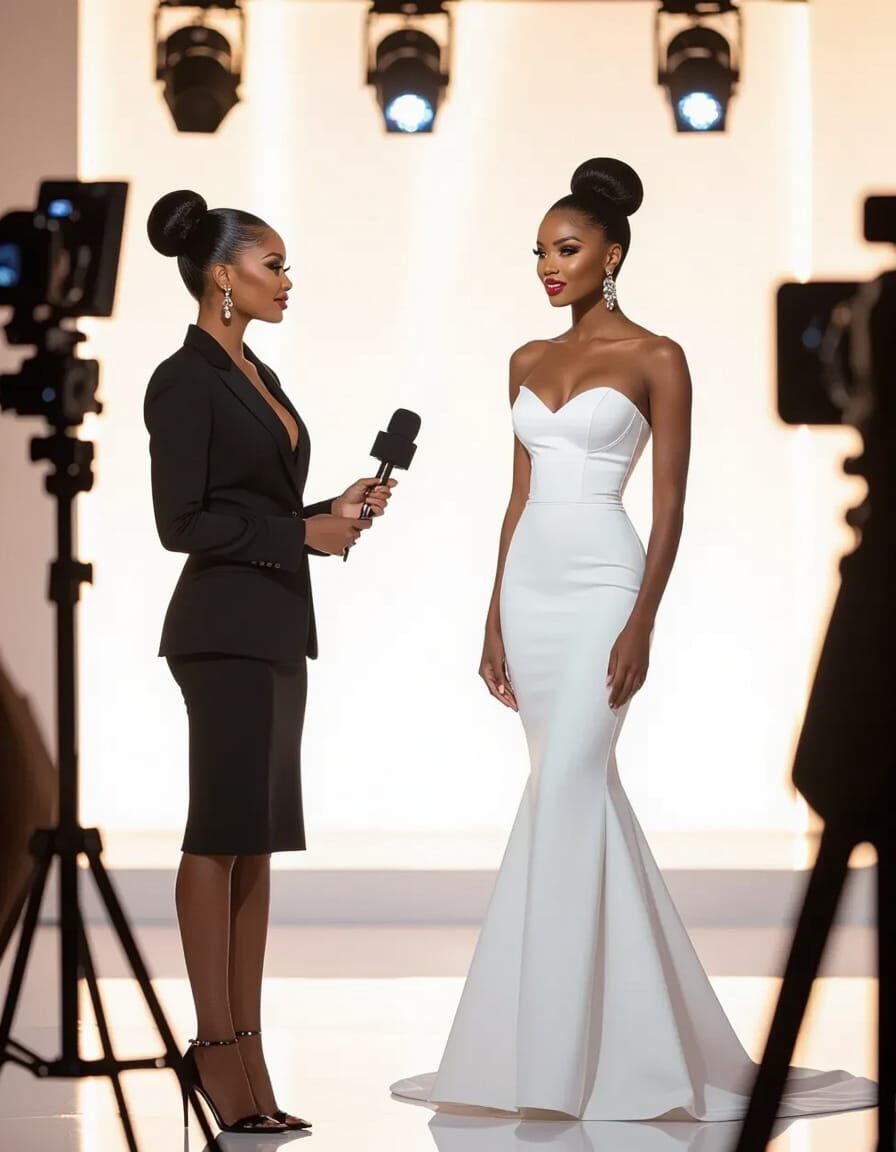 Brunette Hostess on Pageant Stage Under Bright Lights