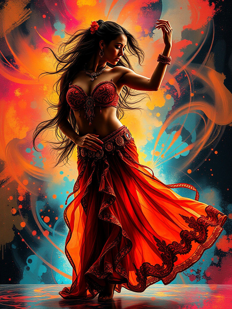 Dramatic Belly Dancer Portrait in Surreal Style