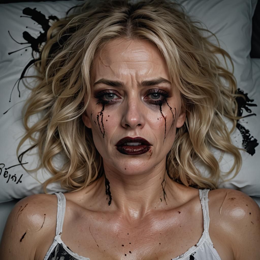 Distressed Woman with Smeared Makeup: Hyperrealistic Portrai...