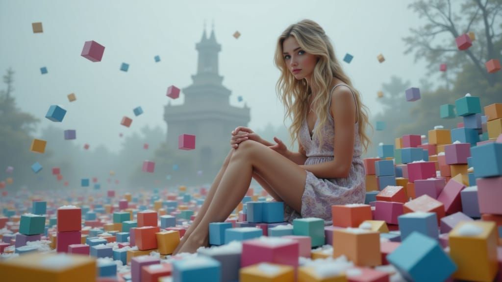 Realistic Blonde Woman on Tetris Blocks in Overcast Light