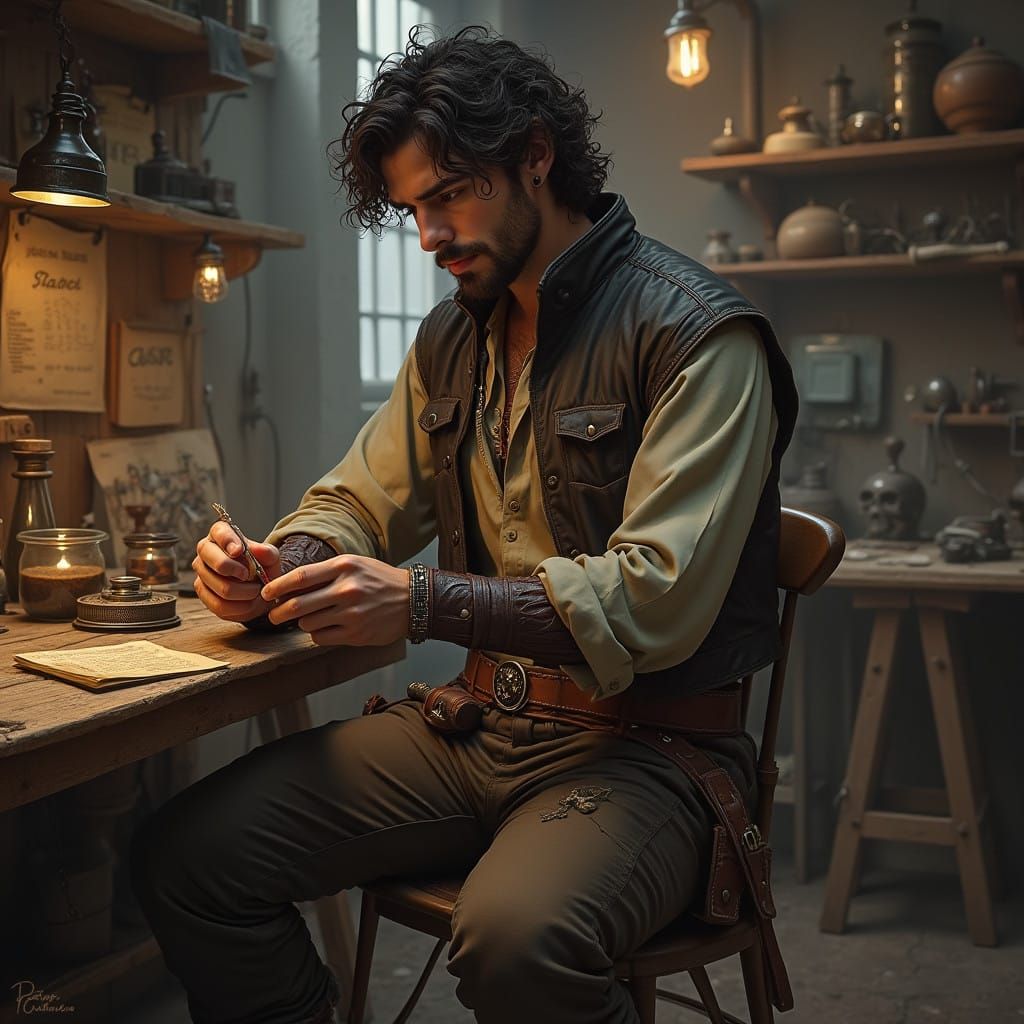 Athletic Rogue with Curly Dark Brown Hair and Leather Vest