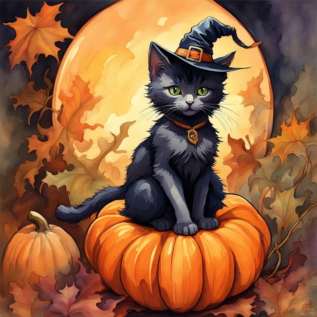 Kitten Witch in Pumpkin, Gouache Watercolor Painting
