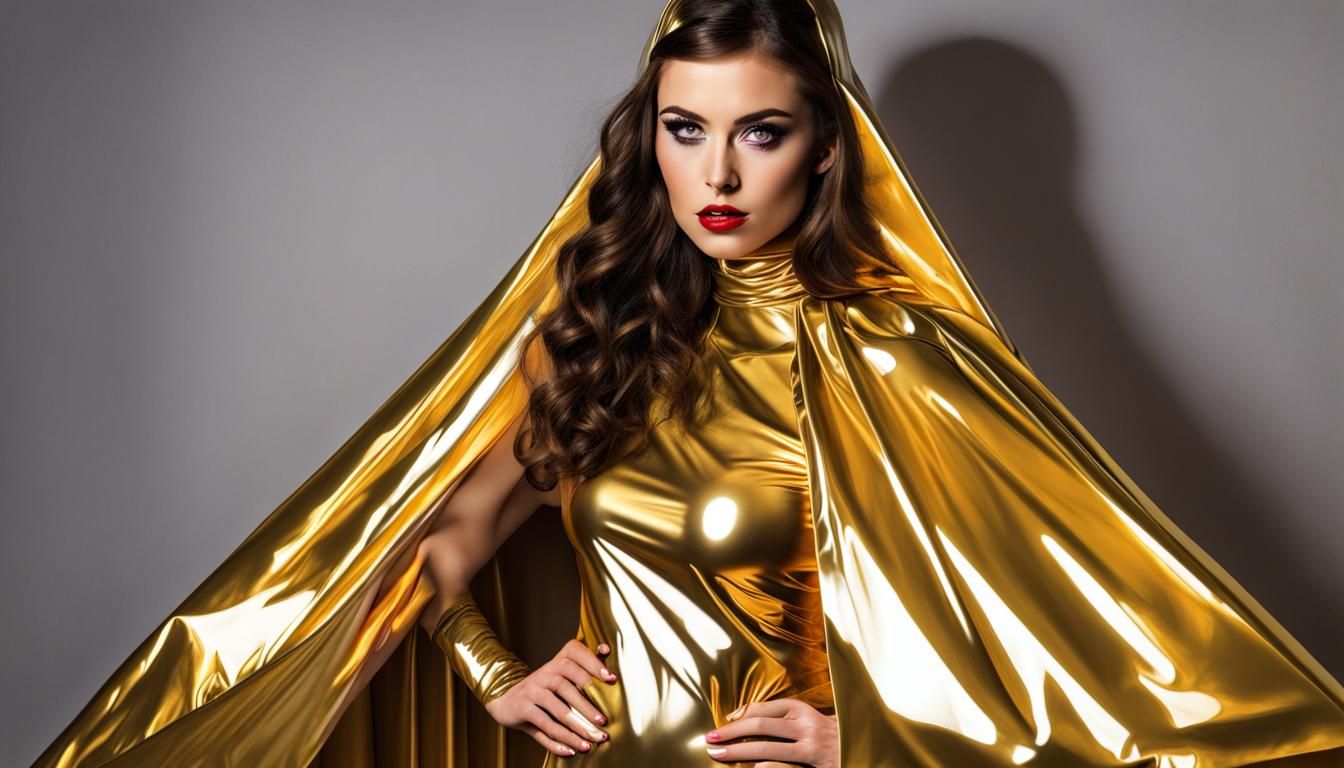 Woman in Reflective Gold Athena Latex Costume