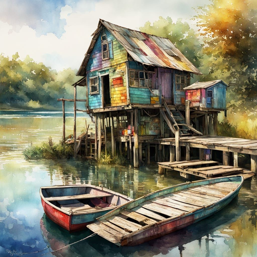 Vibrant Summer Fishing Shack on a Serene Lake in a Watercolo...