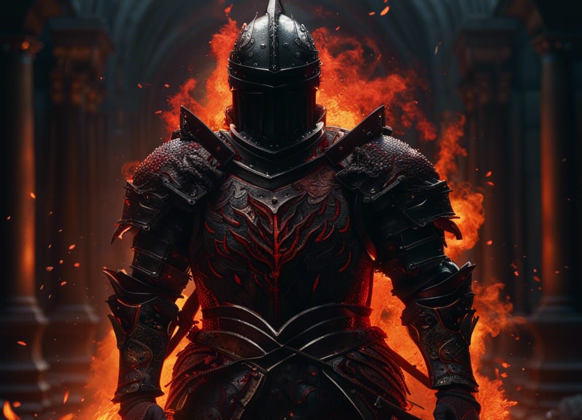 Fiery Knight in Black Armor: Fantasy Concept Art