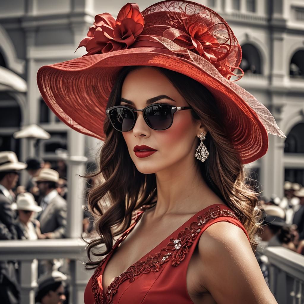 Woman in Red at Kentucky Derby: Hyperrealistic Portrait