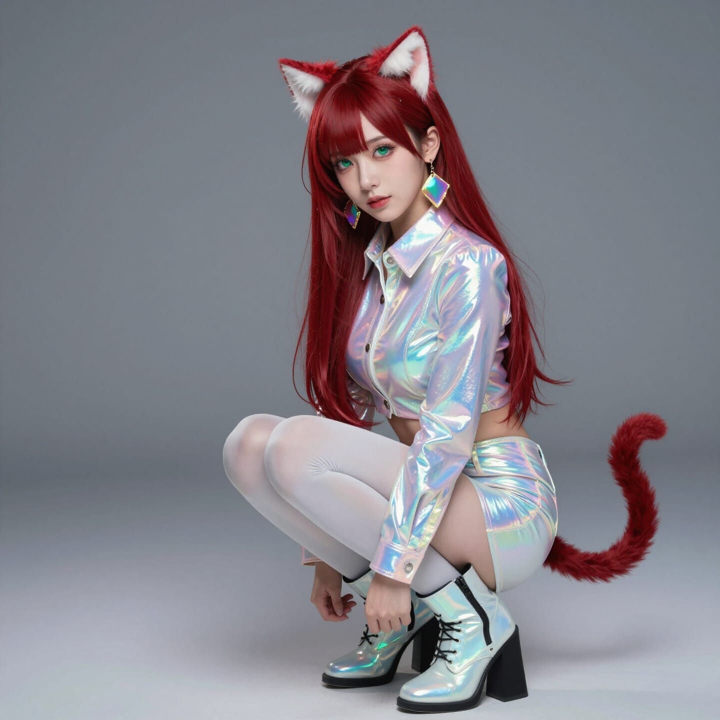 Japanese Woman With Red Hair, Cat Ears, and Iridescent Outfi...