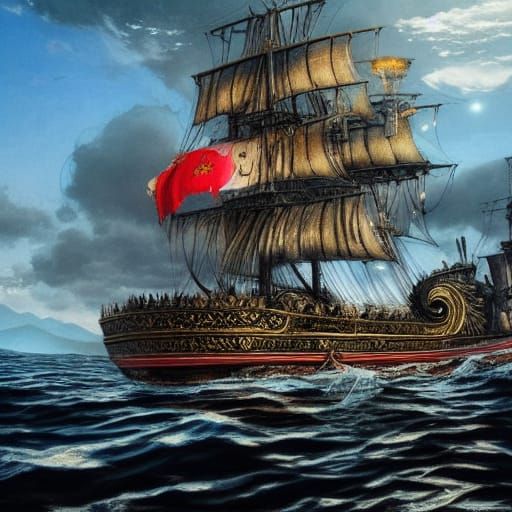 Pirate Ship at Sunrise in Hyperrealistic Style